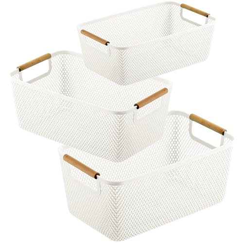 DXQCHDUO Lot de 3 paniers de rangement rectangulaires multifonctions en maille plastique pour la maison, le garde-manger, les étagères, la cuisine, la salle de bain, le pique-nique (blanc)