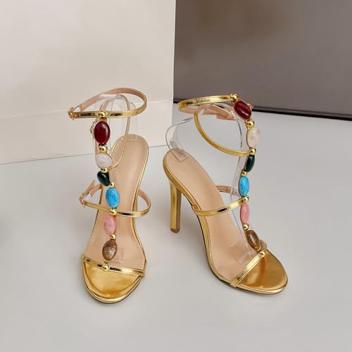 Kluolandi Jewelled Strappy Gold Heels for Women Open Toe Ankle Strap Gladiator Stiletto Heeled Sandals for Party Wedding3