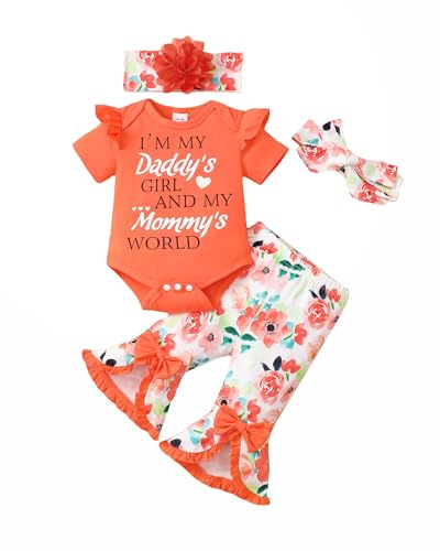Image of SUNNY PIGGY Newborn Baby Girl Clothes Infant Outfits Romper Floral Fall Outfit Bell Bottoms Pant Sets Hat Headband Flowerpant