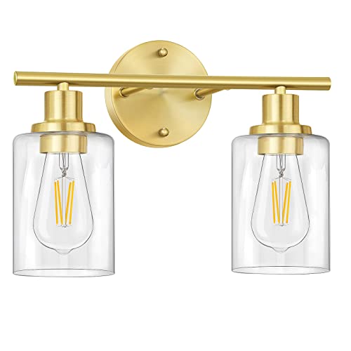 Image of Bathroom Light Fixtures, 2 Light Vanity Light, Gold Wall Sconces Lighting | Modern Bath Wall Mounted Lights with Glass Shade, Porch Wall Lamp for Mirror, Living Room, Bedroom, Brushed Brass