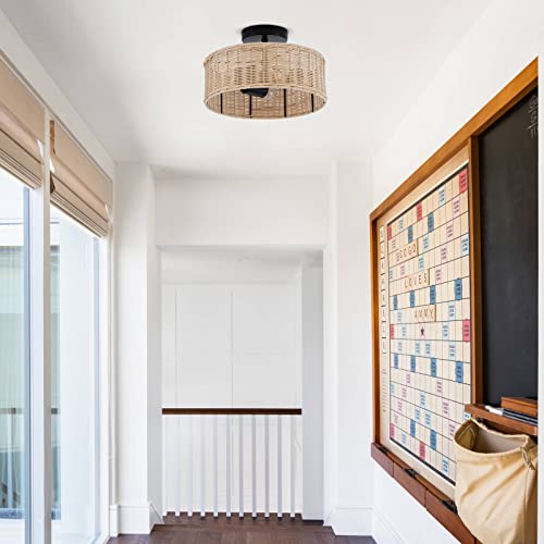 Mhytogn Rattan Semi Flush Mount Ceiling Light, With Woven Natural Cage Shade, Famhouse Wicker Ceiling Light For Entryway Porch Hallway Kitchen Bedroom Balcony 3-Light #TOP1