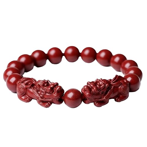 Double Pi Xiu Cinnabar Bracelet for Women, Feng Shui Wealth Amulet, Beaded Stretch Good Luck Jewelry