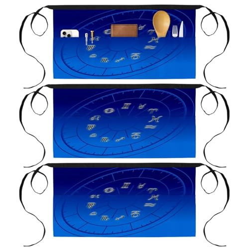 Lot de 3 demi-tabliers de cuisine bleus à motif zodiaque avec 3 poches