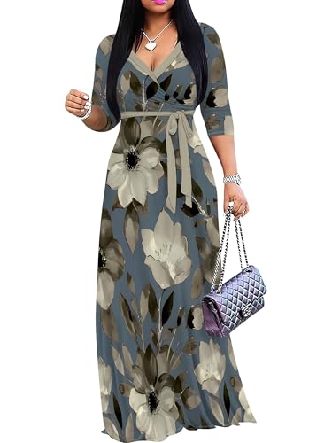 Image of Womens Plus Size Maxi Dresses Casual 3 /4 Sleeve Sundress Fall Wedding Guest Dress with Belt