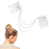Hair Chain Clips, Leaf Tassel Dangle Hairpin for Braids, Hair Jewelry Accessory for Women and Girls, Antique Plated Metal Hair Cuff Bun Clips, Bridal and Wedding Hair Accessories (Silver)
