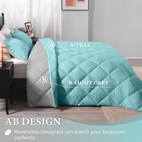 Image of downluxe California King Comforter Set - Teal and Gary Cal King Comforter Set, Soft Bedding Sets for All Seasons - 3 Pieces - 1 Comforter (104 inchx96 inch) and 2 Pillow Shams(20 inchx36 inch)