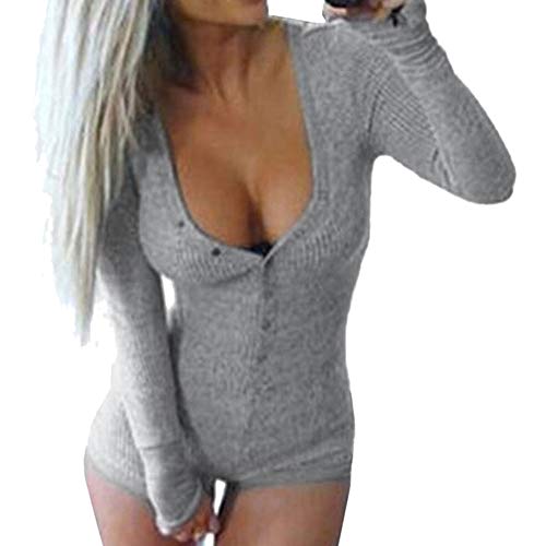Roselux Women's Sexy Deep V Neck Shorts Long Sleeve Knitted One Piece Bodysuit Sexy Pajama Onesie Bodycon Rompers Overall