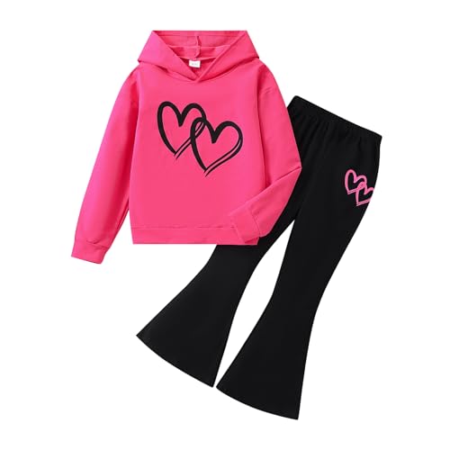 Image of 6-13 Years Girls Clothing Heart Print Hoodie Top + Heart Print Flare Leg Pants 2PC Clothing Set