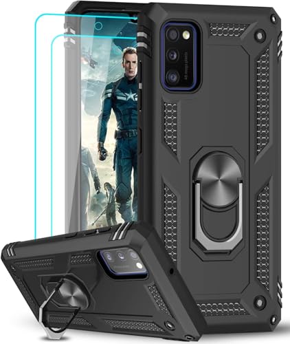 LeYi Cover per Samsung Galaxy A41 con [2 pezzi] in vetro temperato anello di supporto, doppio strato rinforzato difesa Bumper TPU Silicone Antiurto Armatura Protezione Custodia Samsung A41 Nero