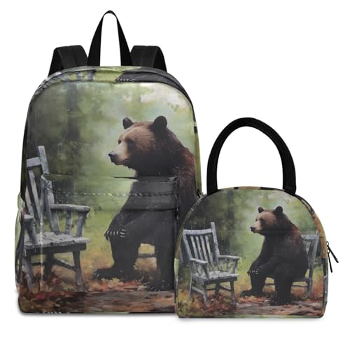 Backpack Lunch Box Set Large Capacity Travel Backpacks and Insulated Lunch Bag for Commute Hiking Picnic Bear Sitting Print