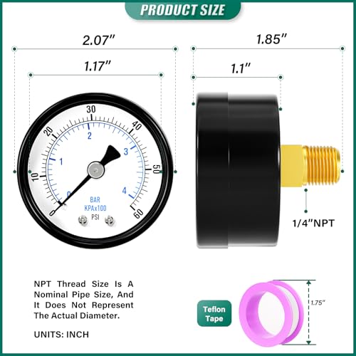 Image of 0-60psi Well Pump Pressure Gauge 1 /4 inch NPT 2 inch Face Dial Size Back Mount, Multifunctional Practical Dry Pressure Gauge, for Water, Oil and Air Compressor