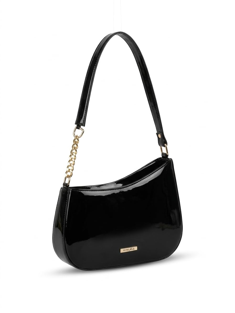 de elmore Women’s Glossy Black Shoulder Bag | Trendy Patent Leather Handbag with Gold Chain Strap | Stylish Mini Hobo Purse for Party, Casual & Daily Use-picture-39