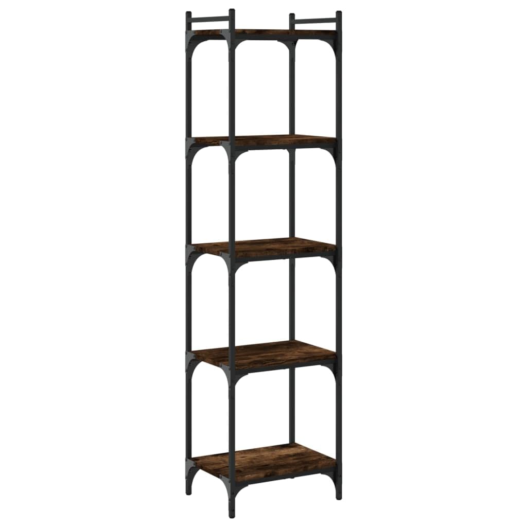 Librería de 5 baldas de roble ahumado, 40 x 30 x 154 cm, material de madera, estructura de metal, estantería estrecha con patas ajustables para salón, cocina, balcón