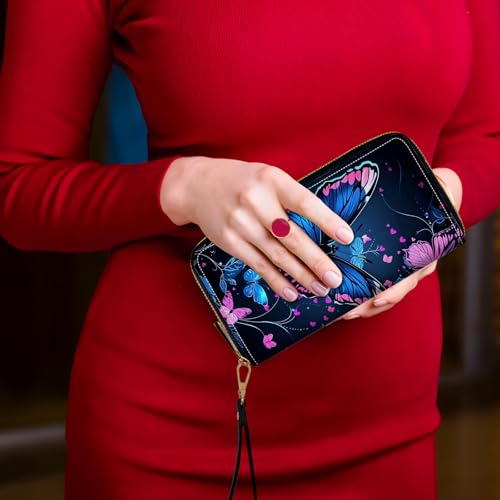 Women's Card Holder Wristlet Wallet, Convenient Travel Long Wallet with Strap and Pink Compact Mirror, Fashion and Sturdy Wristlet Long Purse for Women, Colorful Butterflies2