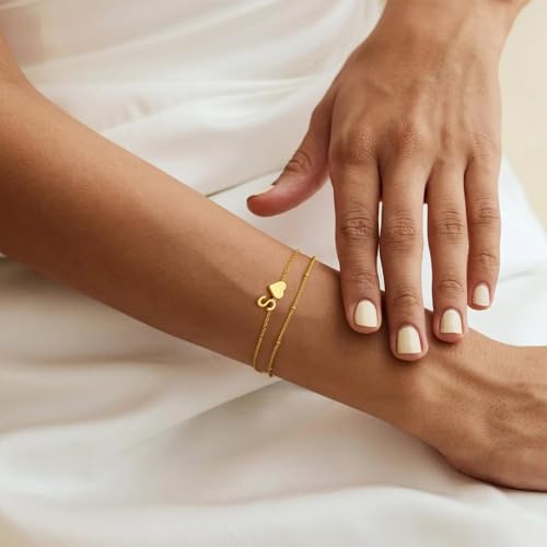 M MOOHAM Initial Heart Bracelets for Women - Layered Dainty 14K-Gold-Plated Heart Letter A-Z Charm Bracelets for Women, Chain Link Charm Bracelets Beaded Bracelets Birthday Gifts Womens Jewelry4