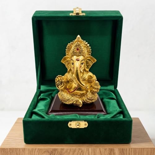 Image of 24K Gold Plated Ganesha Idol - 4 Inch Divine Seated Ganpati Statue on Premium Wooden Base - Auspicious Vastu Home Decor and Spiritual Gift with Anti-Tarnish Finish