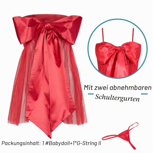 ROSVAJFY Satin Schleife Teddy Dessous Damen Sexy Reizwäsche Rot Großer Schleife Weinachten Body Unwrap Me Babydoll Valentinstag Weihnachten Unterwäsche Cosplay Nachtwäsche – Bild 3