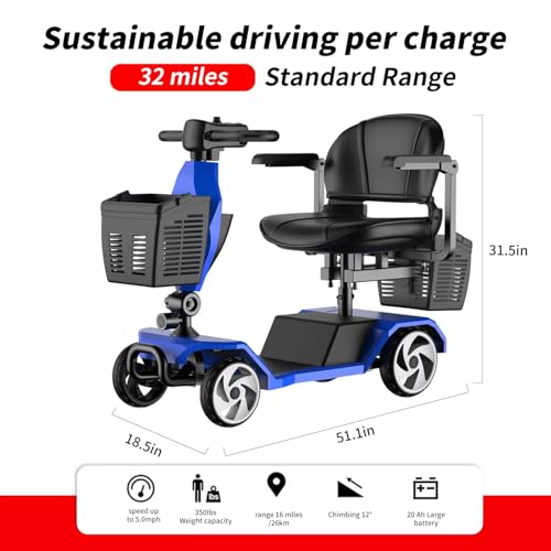 Image of 20A 32miles Mobility Scooter for Adults Wheelchair Device for Travel, Elderly. 350 lbs Max Weight, 350W 4-Wheel Powered Mobility Scooters for Seniors (Y3-BLUE2)