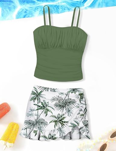 ADIRUN Bathing Suit for Girls Tankini Swimsuits Size 14-16 Two Piece Tropical Print Pleated Tween Girls Swimsuits with Ruffle Drawstring Skirt Swimsuit Teen Green Palm 15-16 Years - Image 7