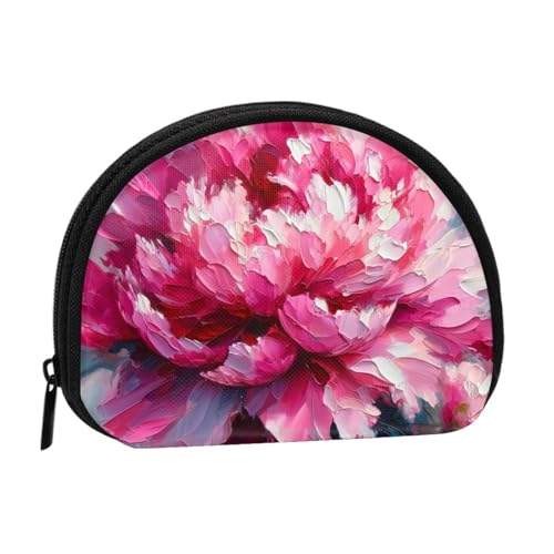 Portable Coin Purse Peony-Flower-Painting Mini Zippered Money Pouch Card Holder