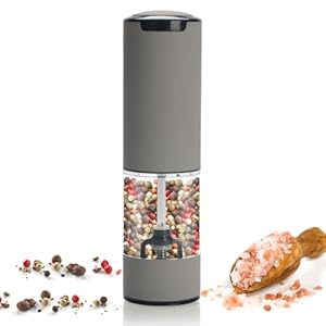 Rechargeable Salt and Pepper Grinder(1 Pack)-No Battery Needed Automatic Salt and Pepper Mill with LED Light, 5 Adjustable Grinding Settings, and Ergonomic One-Handed Operation (Light Gray)