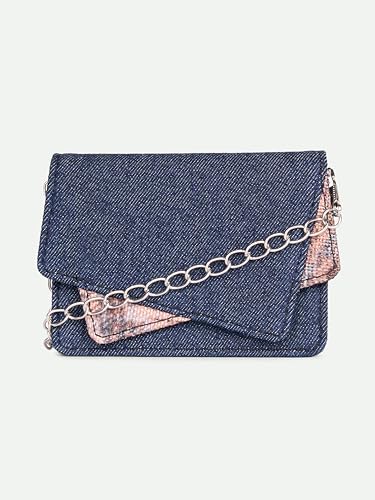 Image of ZOUK Tovi Mini Bag Wallet | Stylish Vegan Denim Crossbody Wallet for Women with Card Slots & Water-Resistant Lining | Handcrafted Small Sling Bag with Silver Chain Strap | Ladakh Impasto