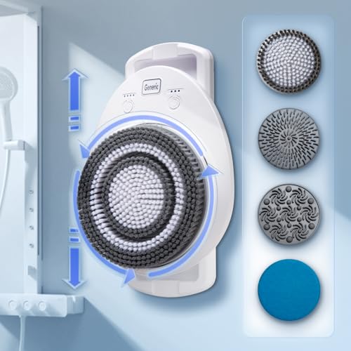 Calcy Ssay Smart Wall Mounted Exfoliating Brush, Electric Body Scrubber with 4 Replaceable Heads, 7''Large Back Scrubber for Shower Wall, 3 Speed Adjustment Spin Scrubber for Back Cleansing