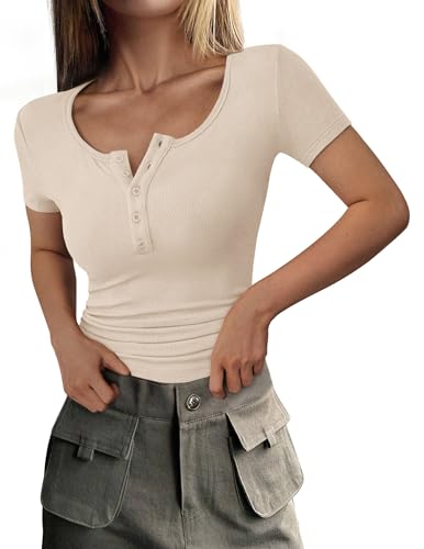 PRETTYGARDEN Women's 2026 Fall Summer Short Sleeve Tops Ribbed Henley Button Slim Fit Basic Casual T Shirts Blouse Clothing (Beige,Medium)
