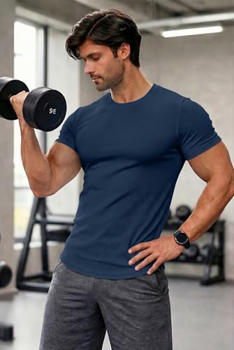 Image of JMIERR Mens Short Sleeve T Shirt Summer Muscle Slim Fitted Crewneck Longline Tees Shirts for Gym Workout