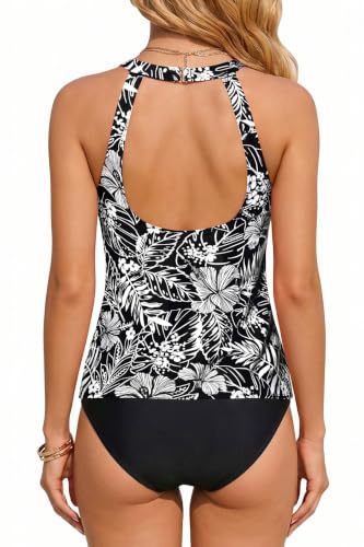 Image of Holipick Tankini Swimsuits for Women Two Piece High Neck Bathing Suit | Tummy Control, Supportive Removable Pads, Mid Waisted Bottom, Soft Stretch Fabric, Swim and Resort Wear