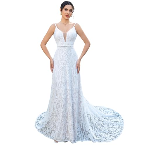 WIOJEIGO Women's Lace Boho Wedding Dress 2025 for Bride Spaghetti Straps Bohemian Long Mermaid Beach Bridal Gowns