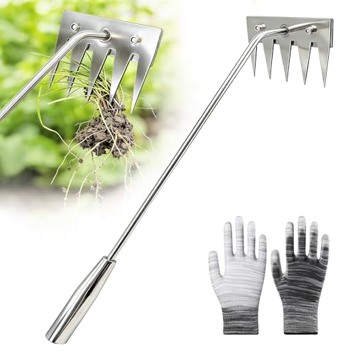 Weed Puller Tool - 2026 Portable Manual Weeding Tools Gardening, 5 Teeth Head Stainless Steel Hand Garden Weeding Rake, Weed Remover Tool for Vegetable Gardening Yard Backyard Farm Planting & Weeding