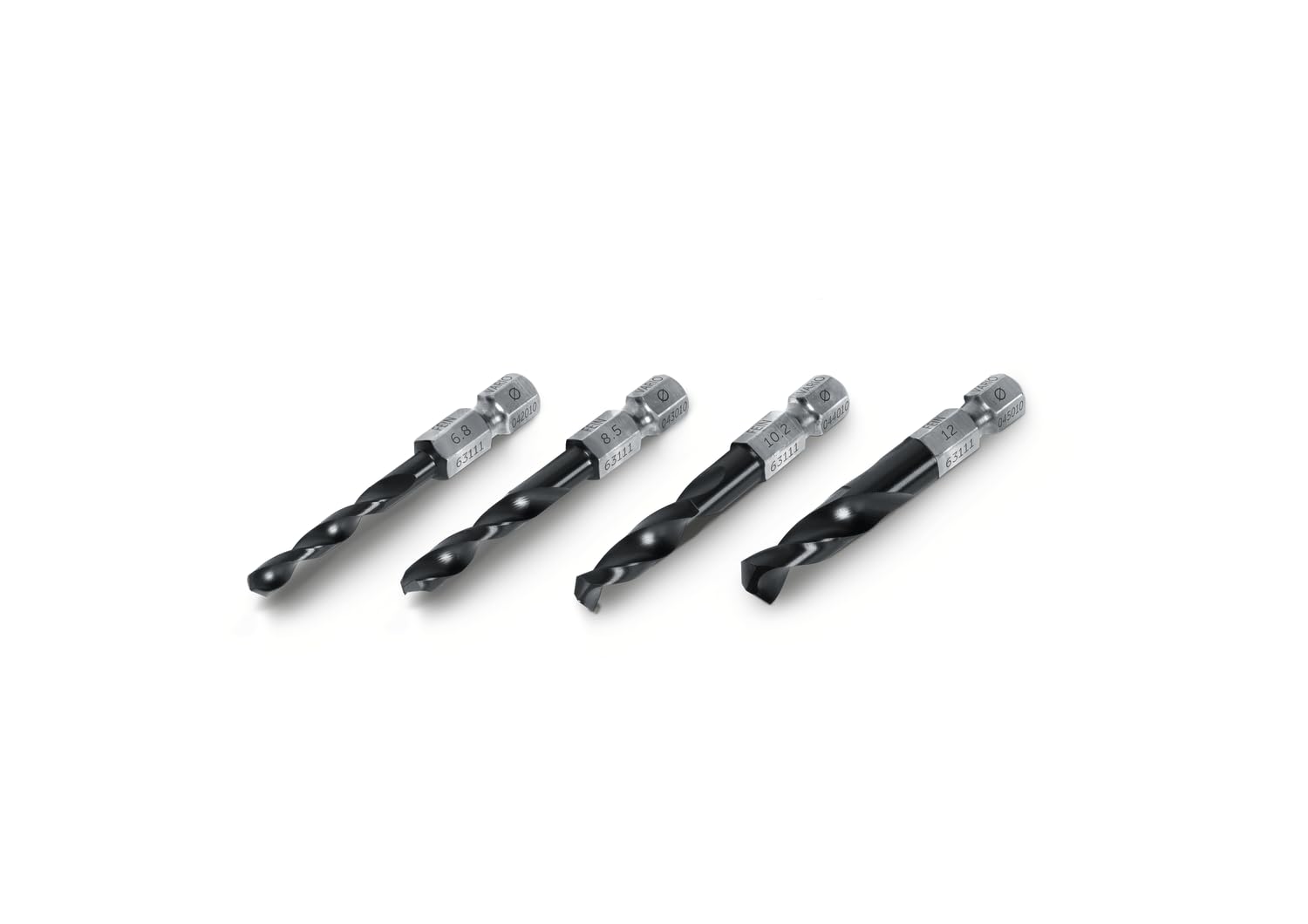 FEIN Set de brocas con Inserción Weldon VARIO de 4 piezas con los tamaños 6,8 mm, 8,5 mm, 10,2 mm y 12 mm, alta resistencia del material, a poco desgaste y fricción, taladros para Roscar