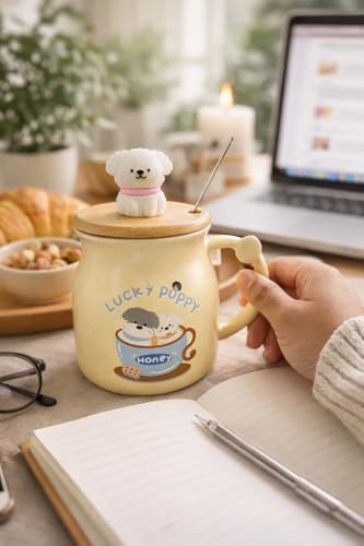 Image of Coffee Mug, Gift for Woman, Birthday Present for Girlfriend, Present for Wife Birthday, Mugs for Present, Holi Gifts, Panda Mug with Lid & Spoon (Lucky Puppy)