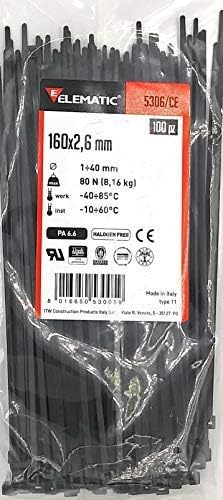 Industrial Cable Ties - 100 Count - 6.3" Length (160x2.6mm)- Strength 80N, 8.16 kg, Halogen Free - All Certifications and Made In Italy - Black - Model 5306/CE