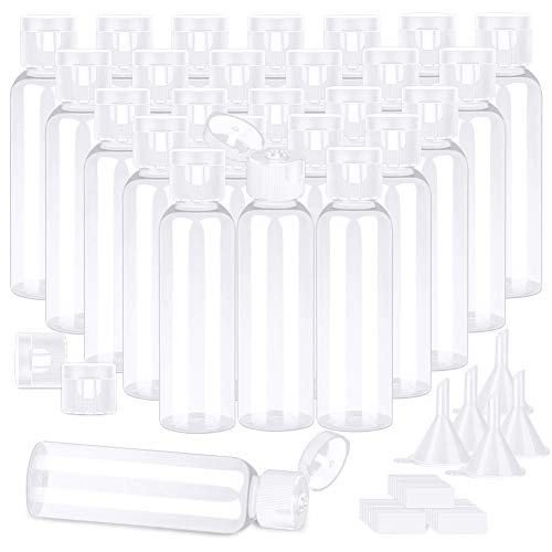 Travel Bottles, Shynek 30Pcs 2 oz Empty Lotion Bottles Bulk Clear Plastic Small Liquid Containers with Labels and Funnels for Travel Liquids Lotion Shampoo