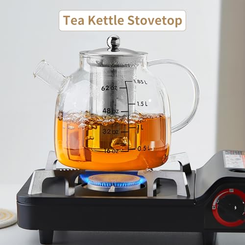 DOPUDO 62oz Glass Teapot with Infuser, Stove Top& Microwave Safe Borosilicate Glass Kettle, Tea Pot Blooming and Loose Leaf Tea Maker Tea Brewer for Camping, Travel