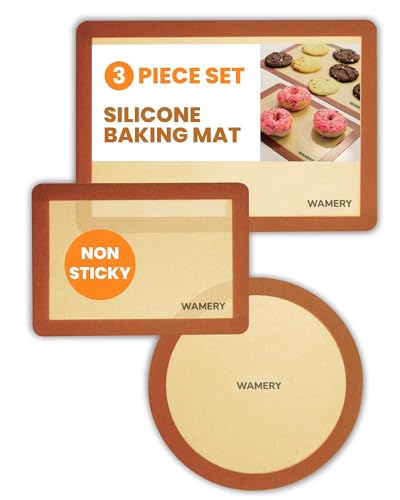 Wamery Silicone Baking Mats Set of 3 - Half Sheet, Quarter Sheet and Round Nonstick Mats, Food Grade Silicone with Fiberglass, Reusable Cookie Sheet Liners, Oven Safe to 450 F, Dishwasher Safe