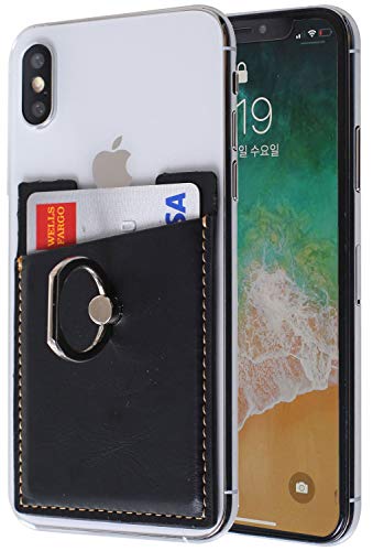 Phone Wallet with Ring,ARASO Adhesive Sticker Card Holder Back Slim Stick On Card Holder for Phones (Black)