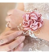Rose Corsage Bracelet,Floral Wedding Wrist Corsage with Rhinestone and Pearl,Hand Flower Bracelet...
