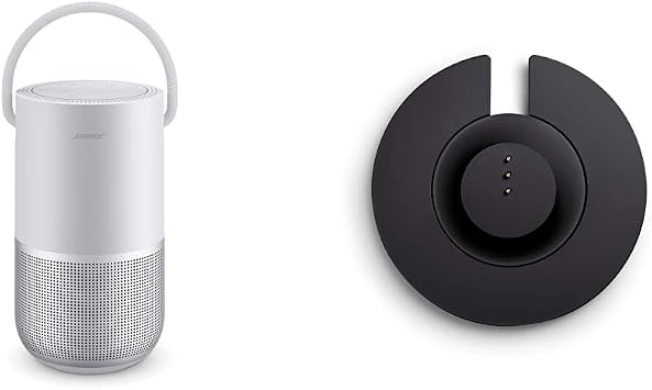 Bose Portable Smart Speaker Wireless Bluetooth Speaker with Alexa Voice Control Built-in, Silver & Portable Home Speaker Charging Cradle, Black