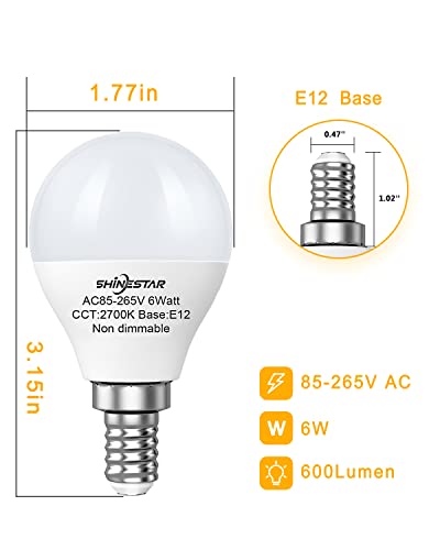Shinestar 3-Pack E12 Led Ceiling Fan Light Bulbs 2700K Warm White, Small Candelabra Base 6W (60W Equivalent), Globe Shape A15 Bulbs, High Cri 85+ For Natural And Radiant Colors, Non-Dimmable #TOP2