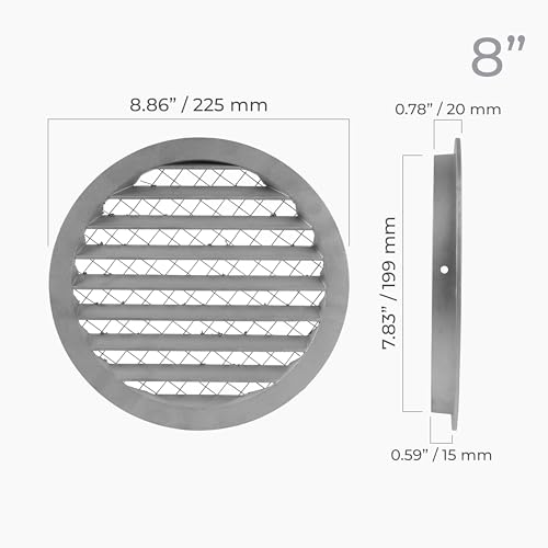 HVAC OV 8 Inch Aluminum Soffit Vent Cover - Round Industrial Air Vent Louver for Wall, House, Garage - Wire Screen Mesh Crawlspace Louver Grille - Register Exhaust, Intake Gable Grill by HVAC OV - Image 2