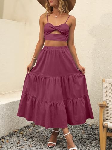 Image of ANRABESS Women's Summer Boho Flowy Swing Tiered A-Line Maxi Skirt 2026 Fashion Trendy Elastic Waist Pleated Long Beach Dress