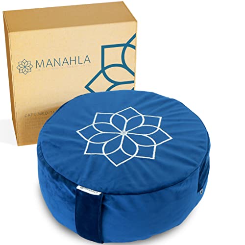 Manahla Coussin de Méditation - Pouf de Sol Rond Yoga Style Zafu Déhoussable et Lavable - Rembourrage en Cosses de Sarrasin Ajustable - Hauteur 13 cm Diamètre 33 cm - Sac de Transport en Coton Offert