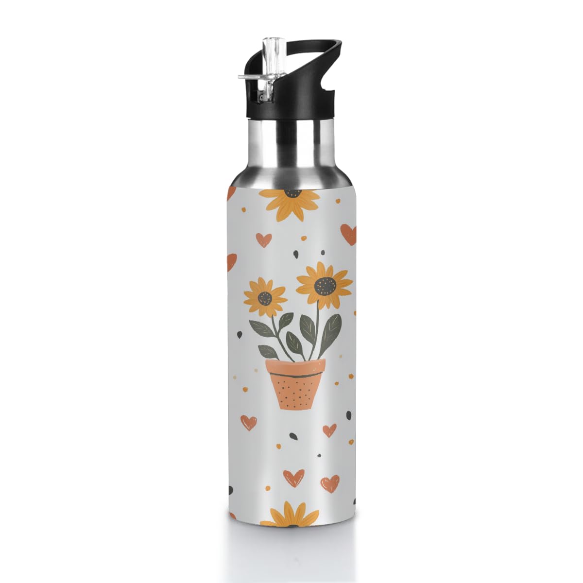 VQUVQV 600ml Water Bottle Stainless Steel Sports Drinks Bottle with Straw Lid, Cute Sunflowers Hearts Insulated Bottles Vacuum Flask for Running Cycling Hiking
