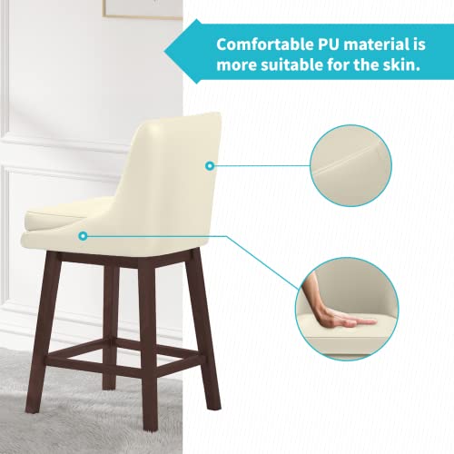 Cecer Counter Height Bar Stools, 360 Swivel Counter Height Stools, Solid Wood Counter Height Chairs, Faux Leather Bar Stools With Backs And Thicken Sponge Cushion, 26", Creamy White, Set Of 2 #TOP4