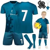 Fussball Trikot Kinder Set, #7 Heimtrikots/Auswärtstrikots Trikot Jungen,Fussball T-Shirt Shorts, Football socken, Knieschützer Set und Fußbälle Jersey Schlüsselanhänger(Vintage-Blau 4-5 Janre)