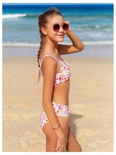 Image of OYOANGLE Girl's 3 Piece Bikini Sets Floral Print Spaghetti Straps Cute Swimsuits with Beach Skirt Bathing Suits