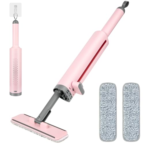 Keledz Portable Self-Squeeze Mini Mop, Short Rotatable Hand Wash-Free Flat Squeeze Mop with Crevice Brush and 2 Reusable Microfiber Pads, Floor Cleaning System for Bathroom Kitchens Desktop (Gray)